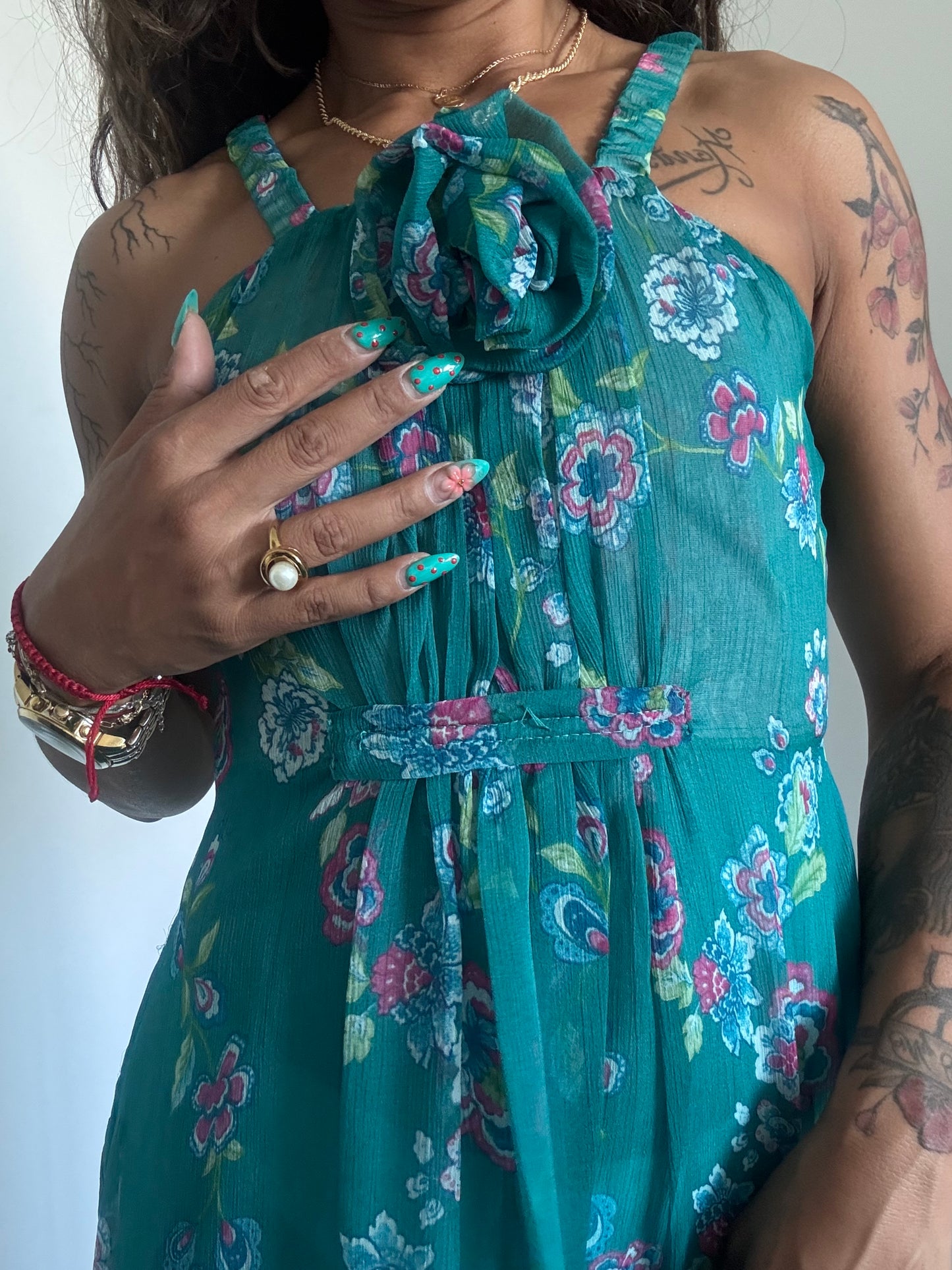 Robe fleurie turquoise – Dos noué – Taille 1 – Le Group Woman