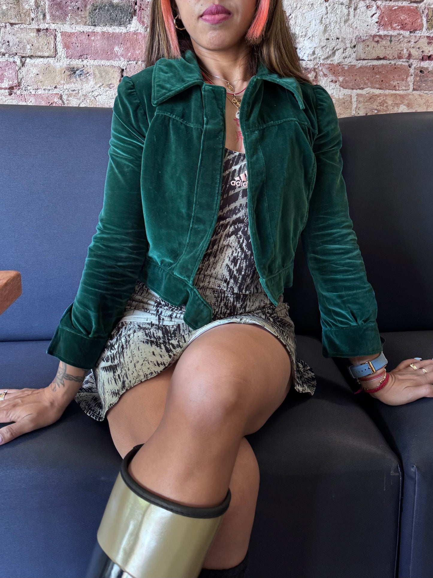Veste velours vert femme – coupe courte – style créateur – XS/S