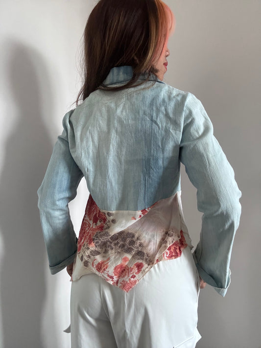 Veste crop en jean et voile fleuri – Style Y2K Bohème Fairycore