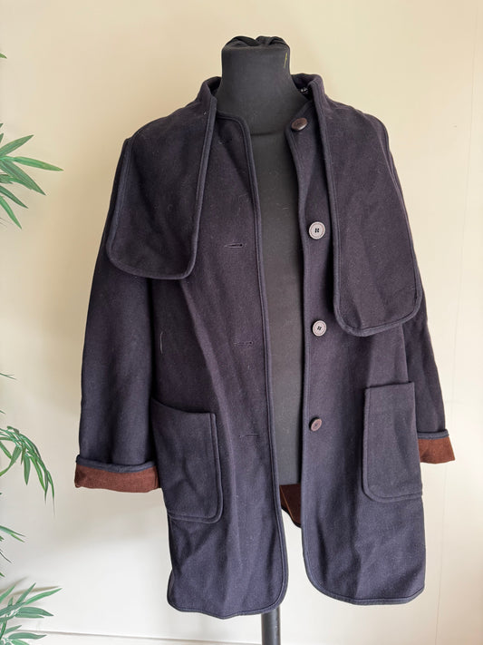Manteau d'Archive Italien 100% Laine Vierge Noir/Gris & Écharpe Étole Amovible Chocolat