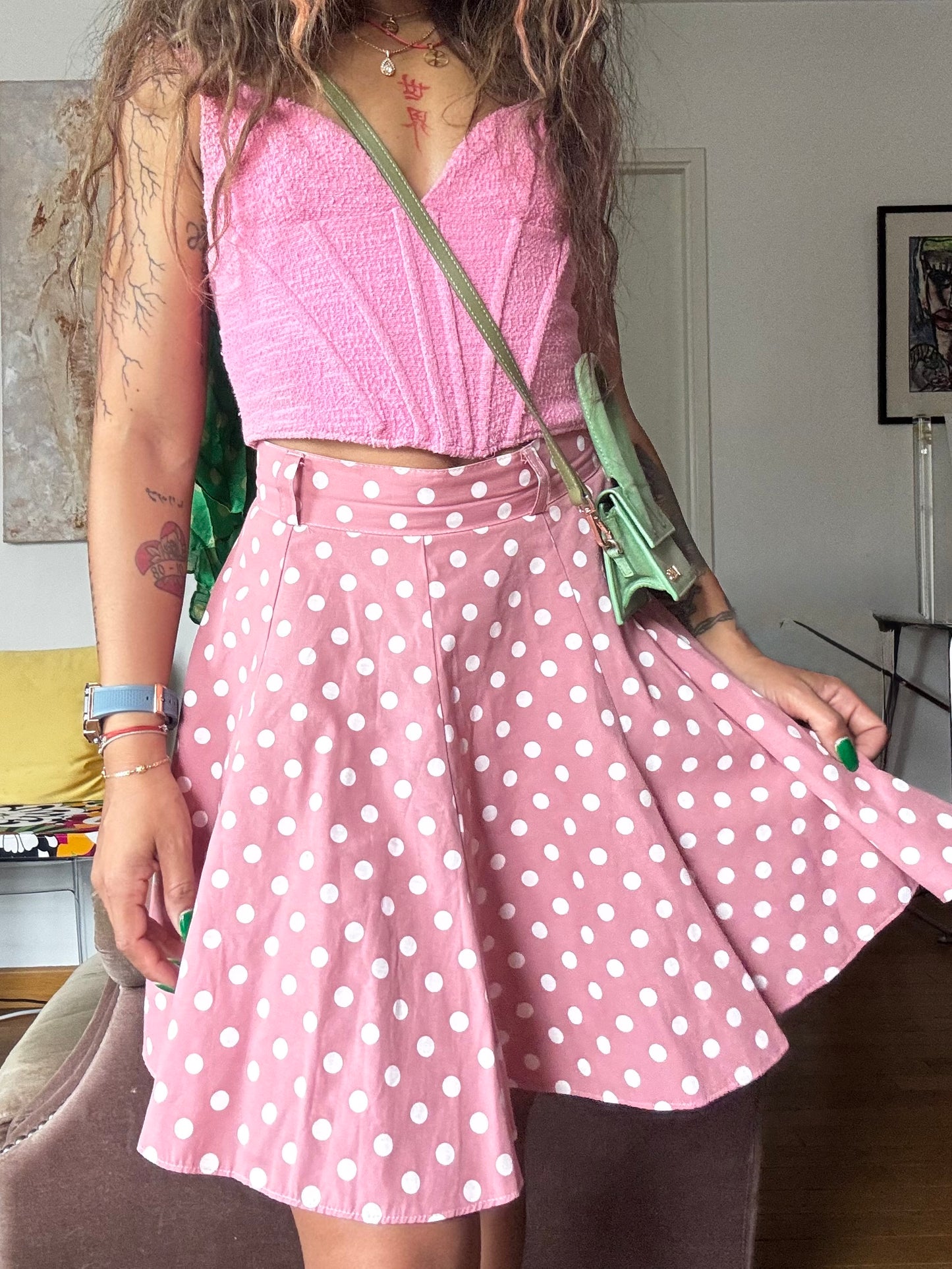 Jupe Vintage Rose à Pois – Coupe Évasée – Taille S