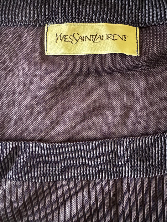 Top d'Archive Yves Saint Laurent Vintage – Maille Plissée Côtelée Bleu Nuit & Col Carré