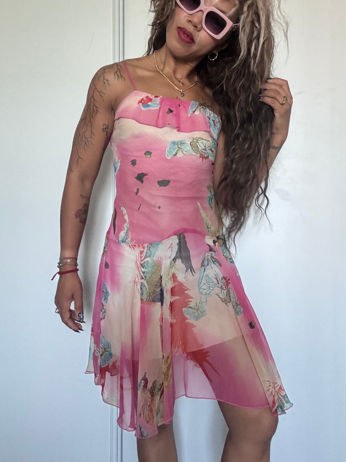 Robe d’été rose fleurie en voile – Taille S