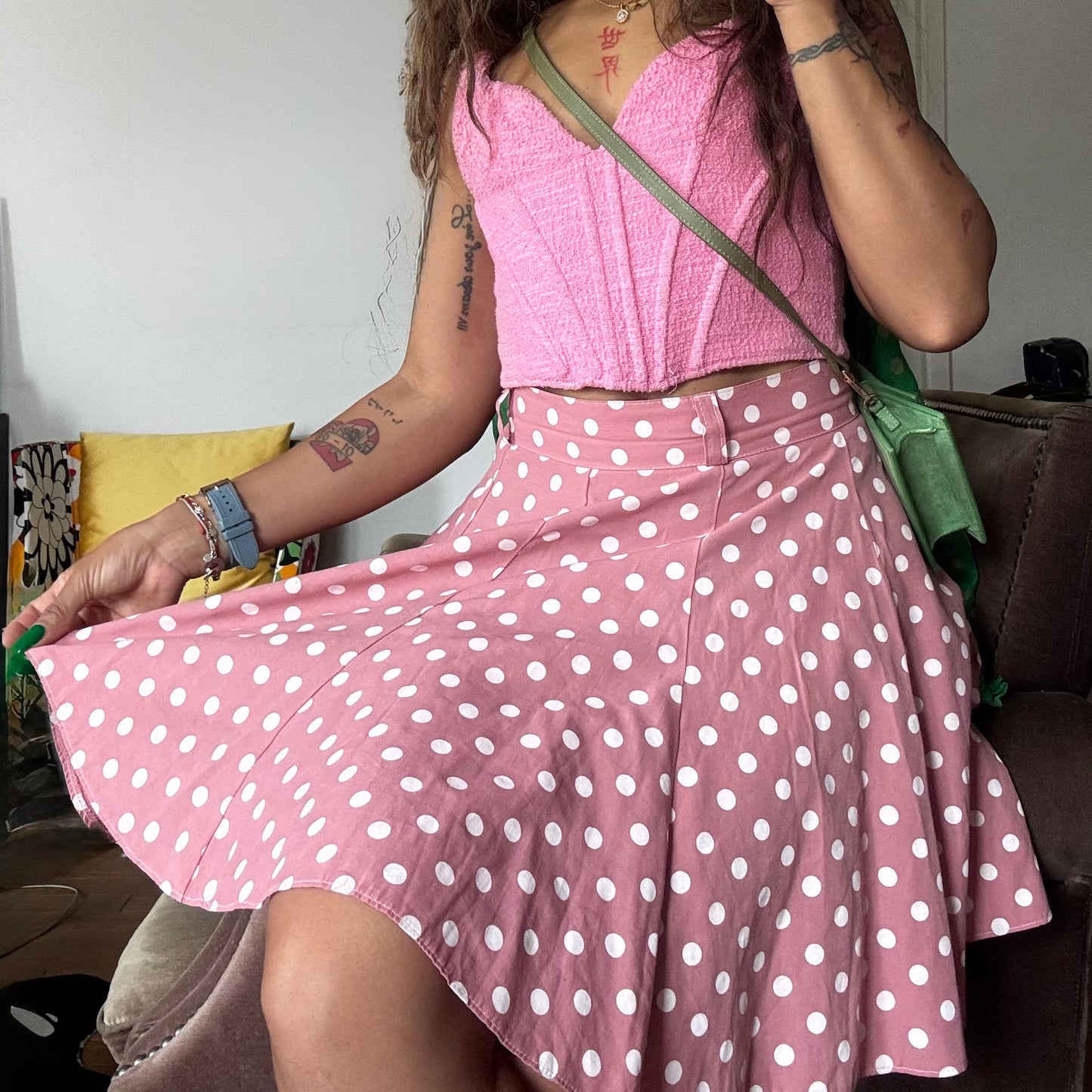 Jupe Vintage Rose à Pois – Coupe Évasée – Taille S