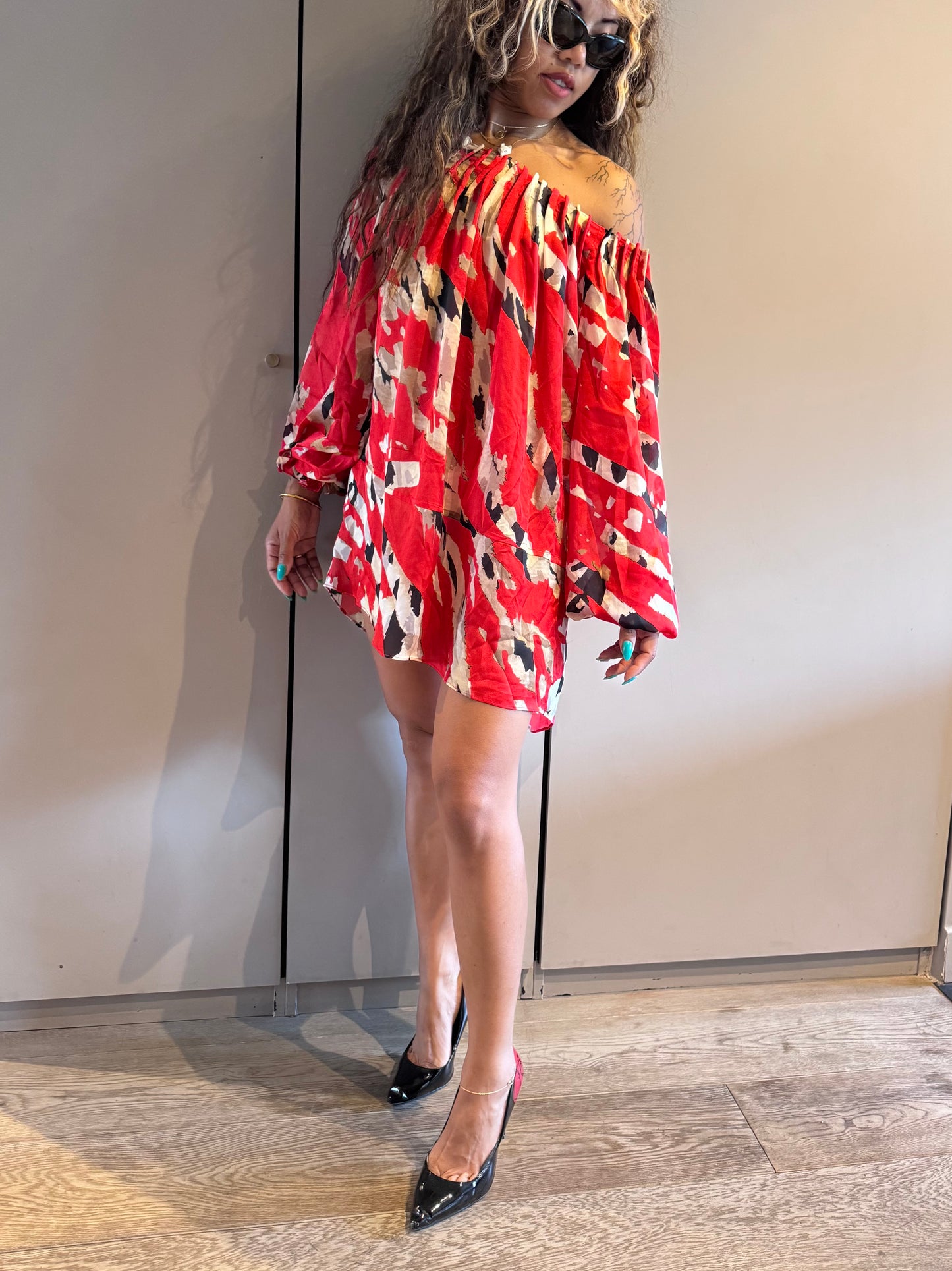 Tunique Blumarine en soie Made in Italy – Imprimé rouge artistique
