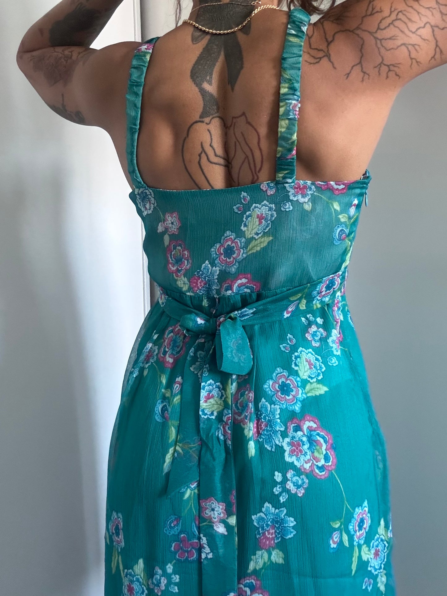 Robe fleurie turquoise – Dos noué – Taille 1 – Le Group Woman