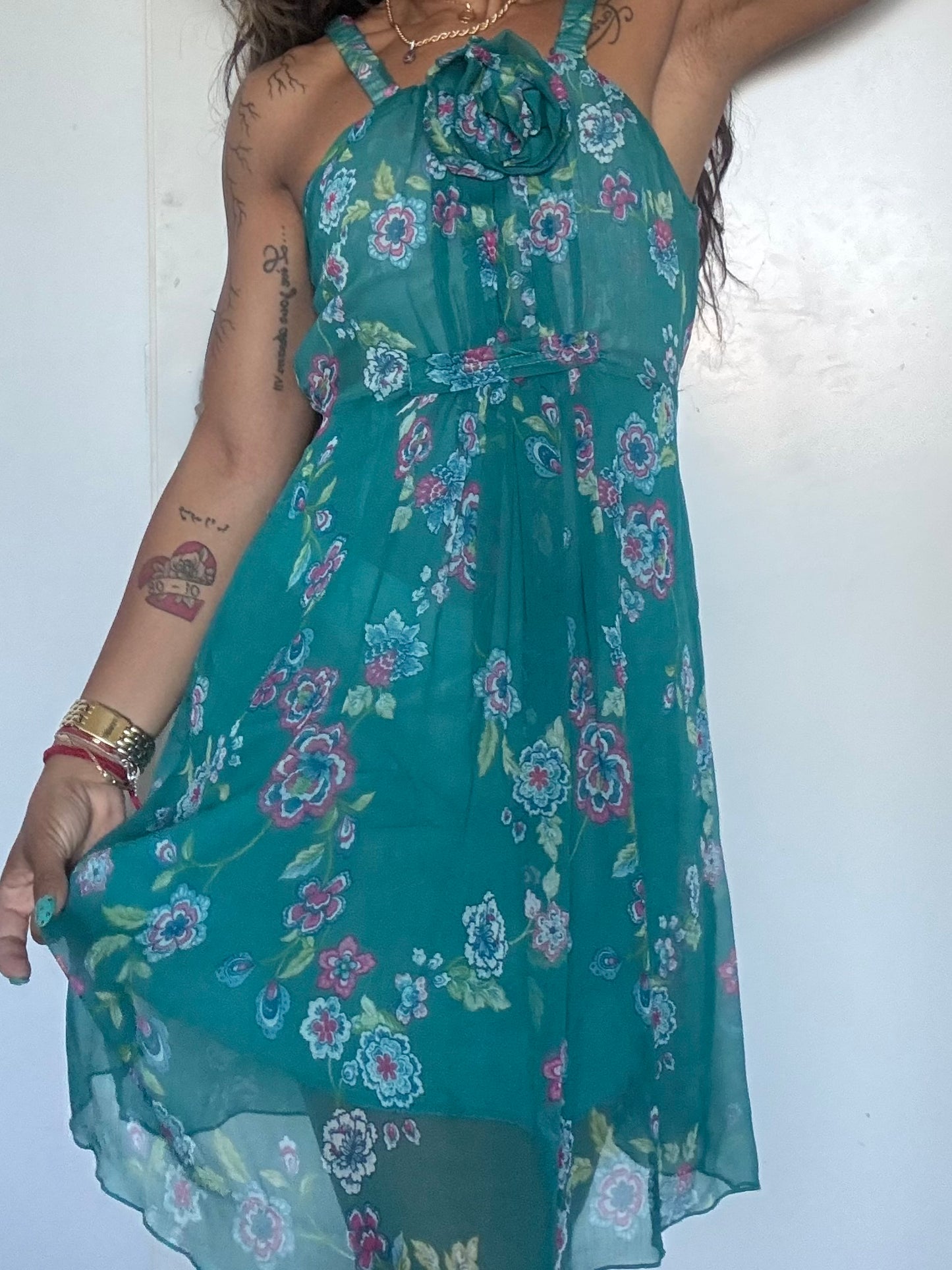 Robe fleurie turquoise – Dos noué – Taille 1 – Le Group Woman