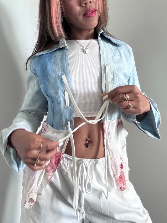 Veste crop en jean et voile fleuri – Style Y2K Bohème Fairycore