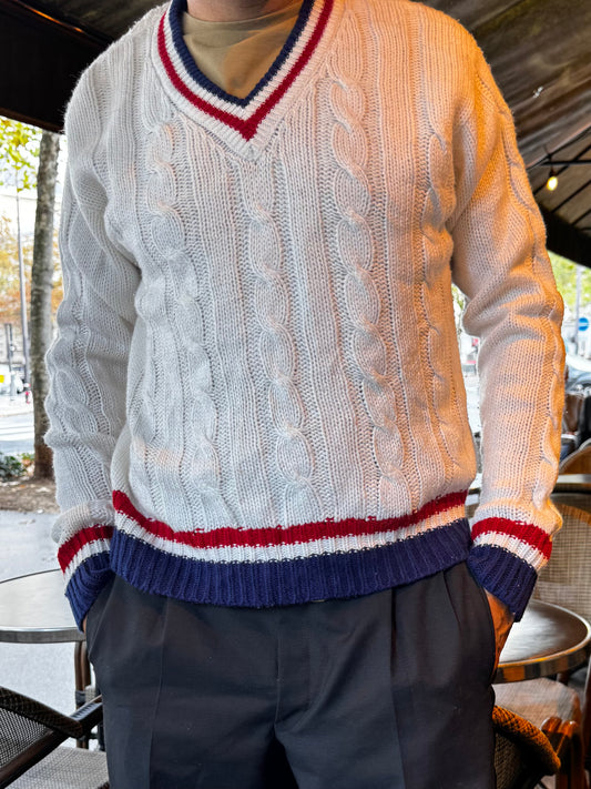 Pull vintage torsadé Made in France – Taille L – Col V tricolore