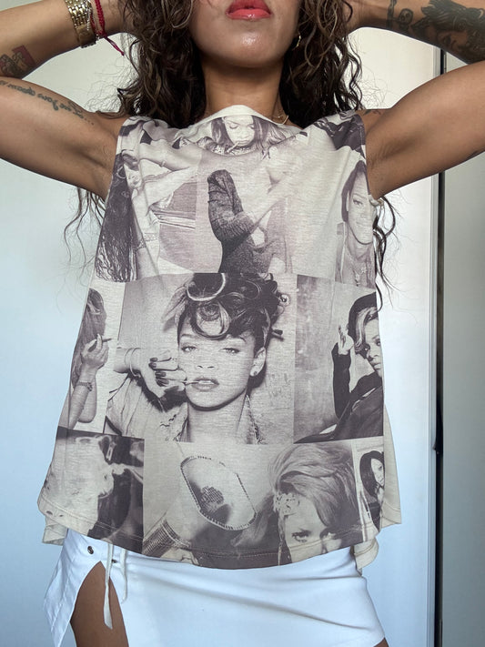 Top imprimé graphique Y2K – Style Rihanna – Sans manches – Vintage