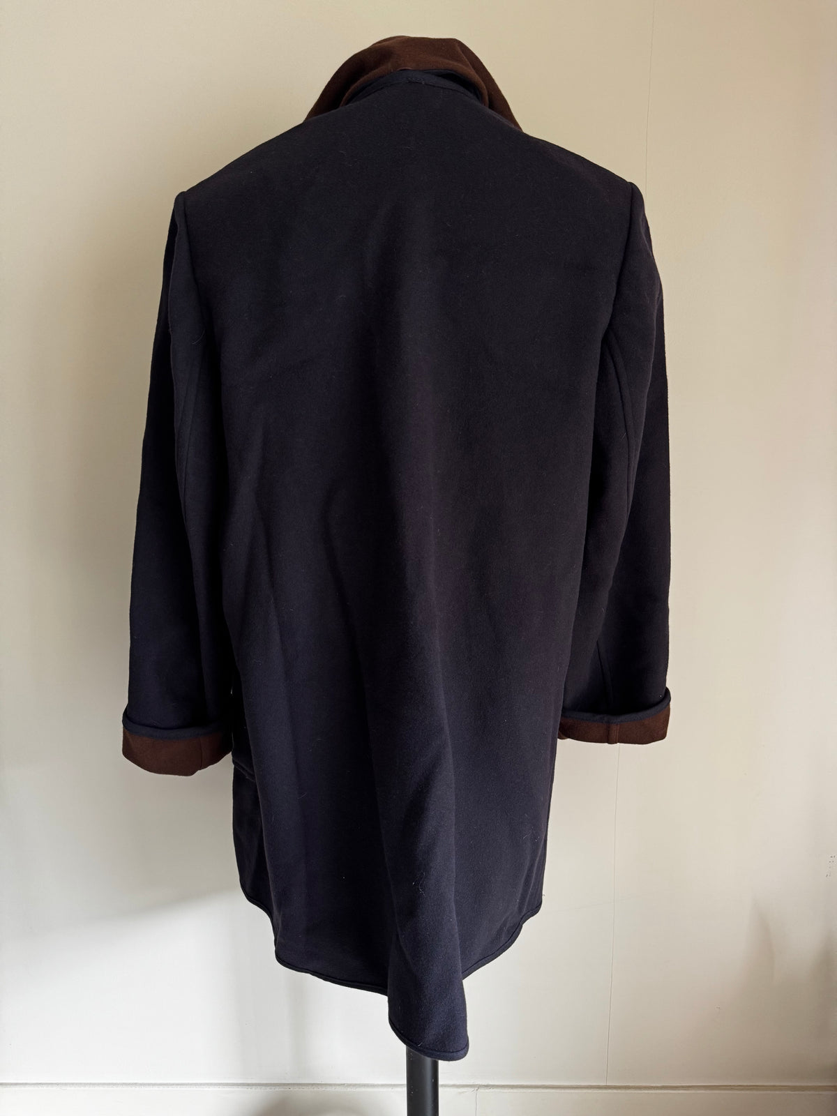 Manteau d'Archive Italien 100% Laine Vierge Noir/Gris & Écharpe Étole Amovible Chocolat