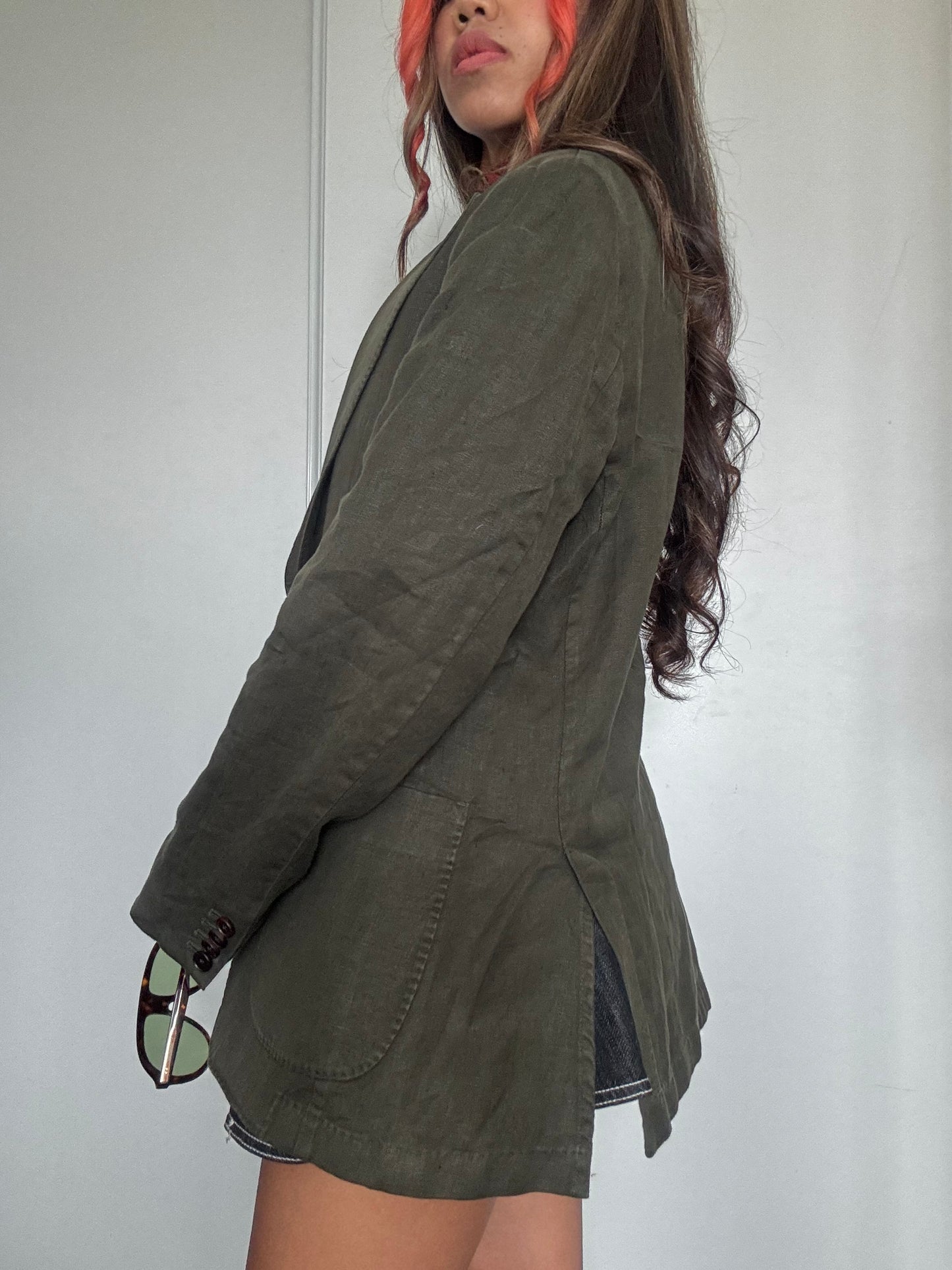 Blazer Massimo Dutti 100% Lin Vert Olive – Taille 50 – Made in Portugal – Coupe Oversize Chic