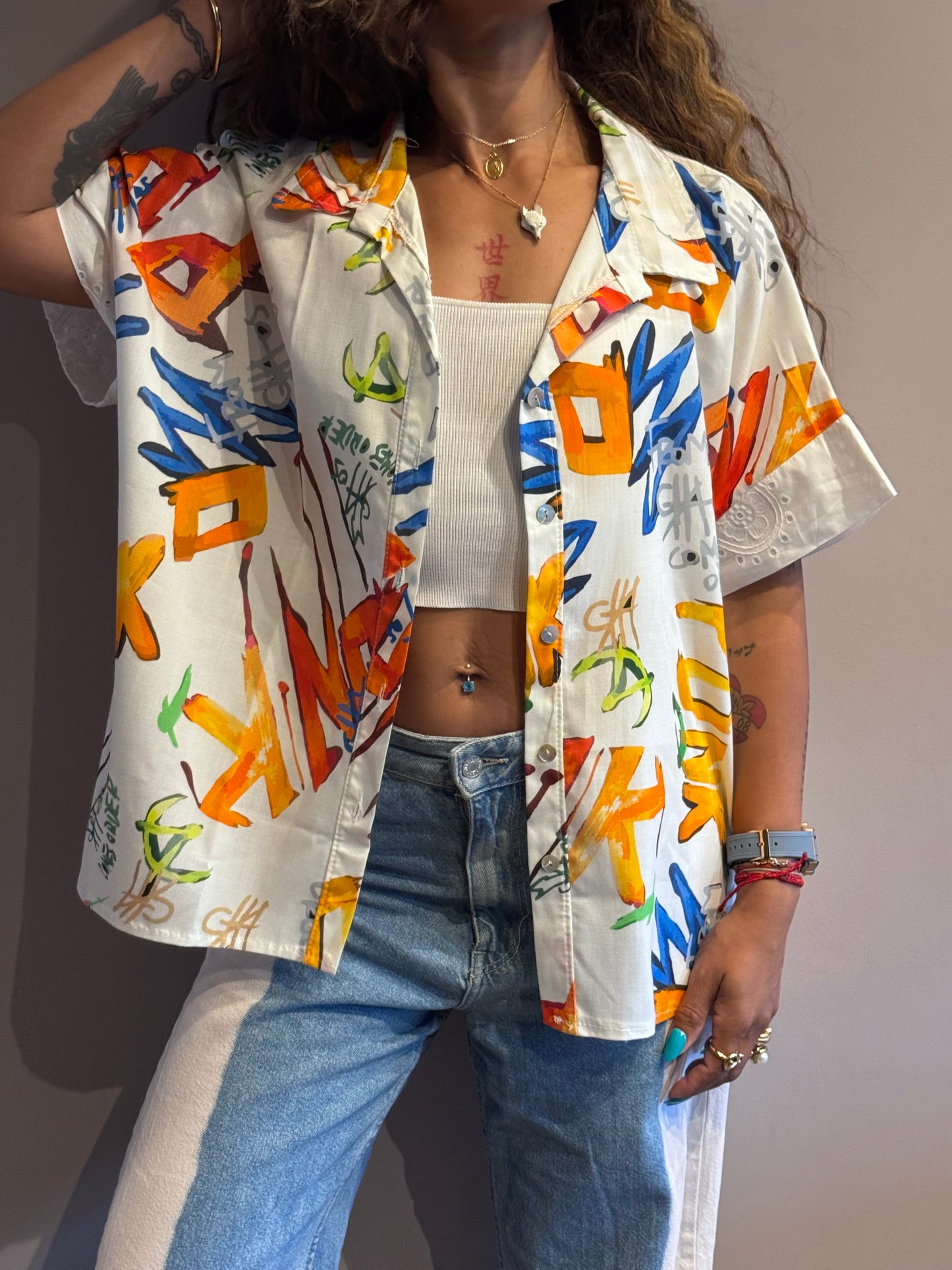 Chemise Made in Italy en lin et lyocell imprimé artistique multicolore