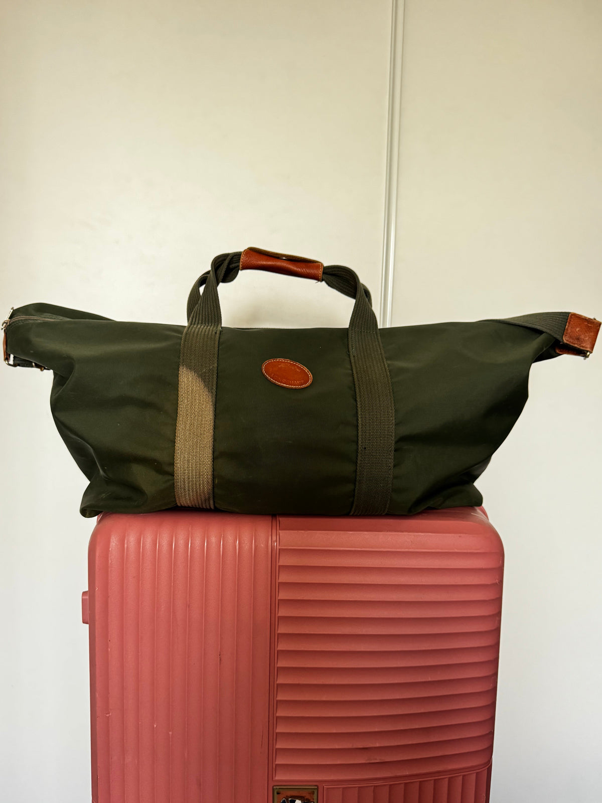 Sac de Voyage Longchamp Vintage Kaki – Grand Format 48h Cuir & Toile (Authentique Paris)