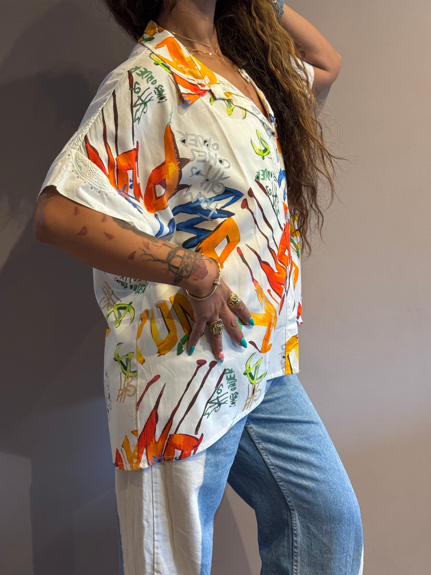 Chemise Made in Italy en lin et lyocell imprimé artistique multicolore