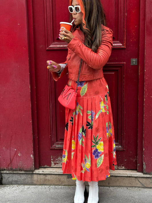 Jupe vintage fleurie corail midi taille 38 doublée – style rétro chic femme