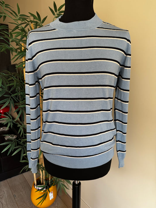 Pull Léger Col Montant Sandro Paris Vintage – Mailles Fines à Rayures Bleu Ciel, Noir & Crème