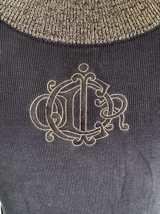 Top en Maille de Soie Christian Dior Vintage – Monogramme Brodé Or & Liserés Lurex (Époque Galliano)