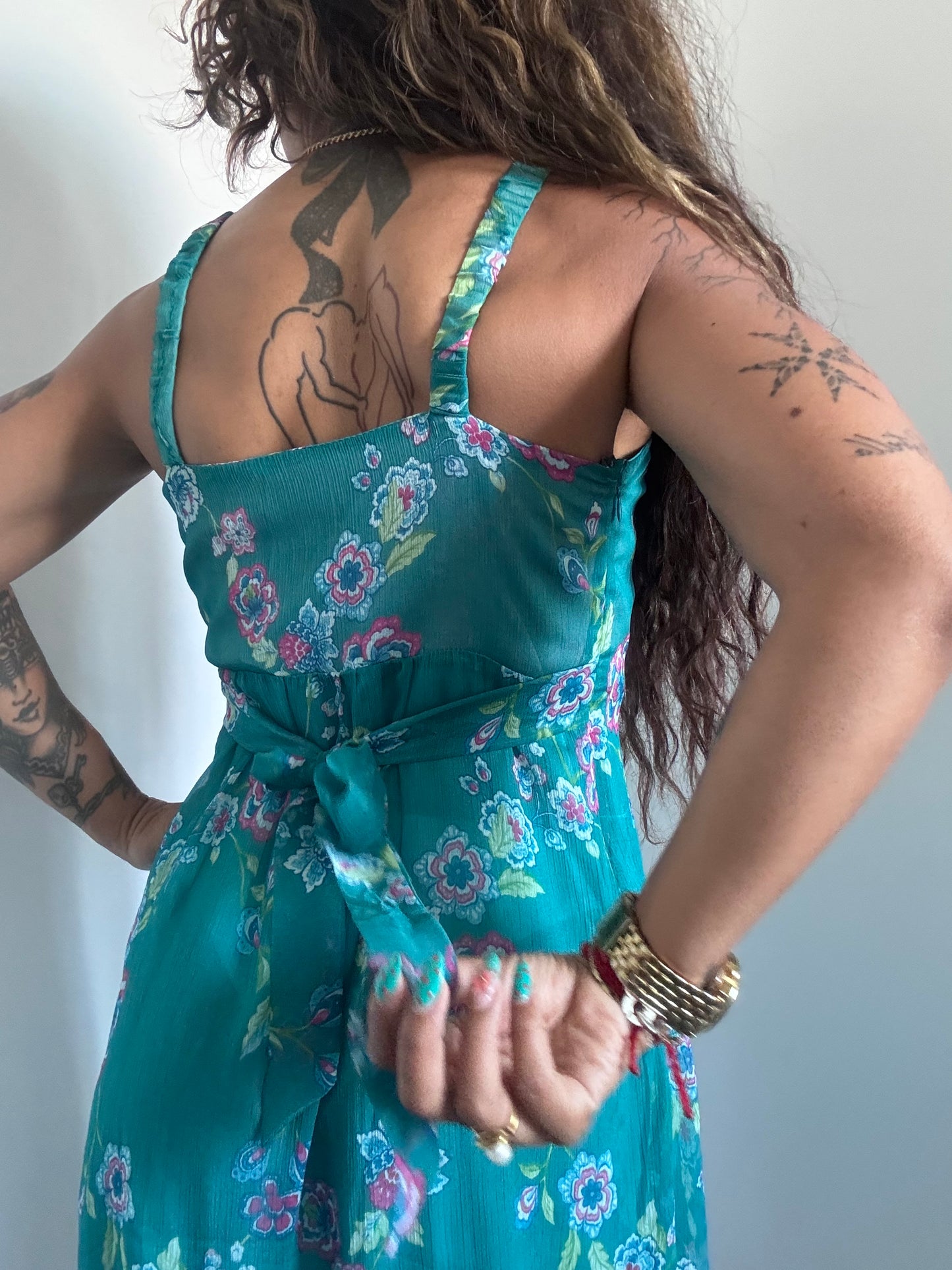 Robe fleurie turquoise – Dos noué – Taille 1 – Le Group Woman