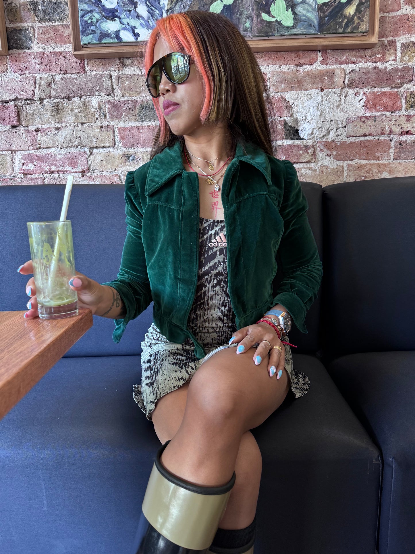 Veste velours vert femme – coupe courte – style créateur – XS/S