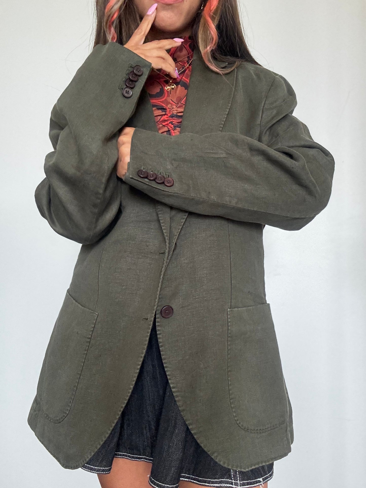 Blazer Massimo Dutti 100% Lin Vert Olive – Taille 50 – Made in Portugal – Coupe Oversize Chic