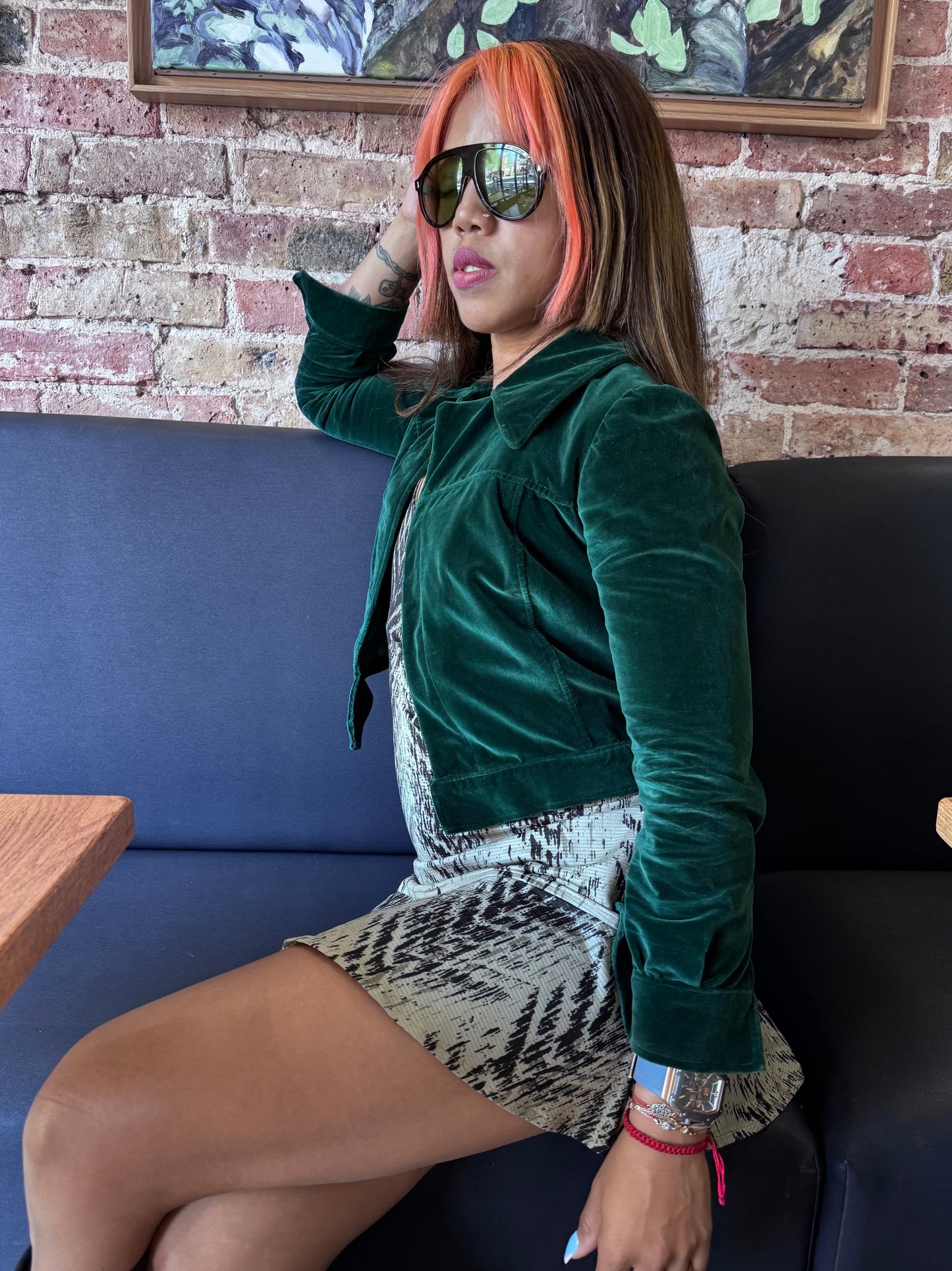 Veste velours vert femme – coupe courte – style créateur – XS/S