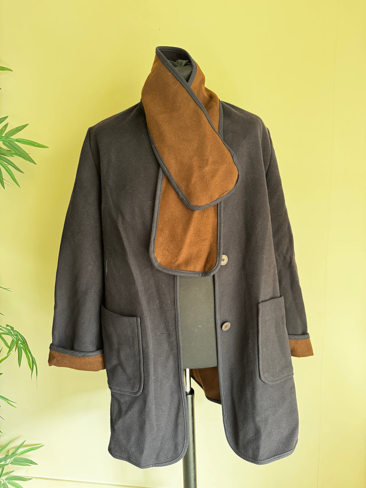 Manteau d'Archive Italien 100% Laine Vierge Noir/Gris & Écharpe Étole Amovible Chocolat