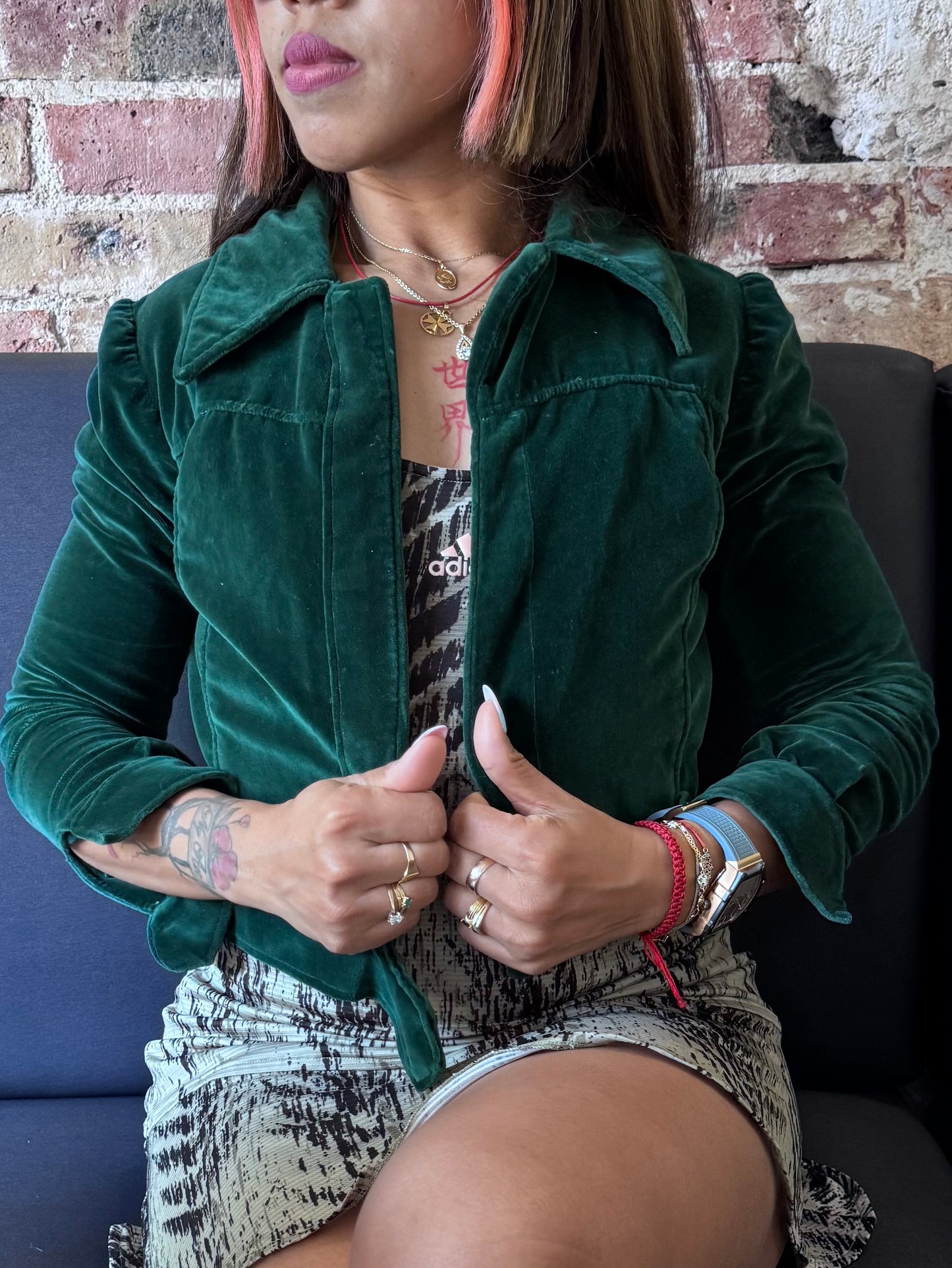 Veste velours vert femme – coupe courte – style créateur – XS/S