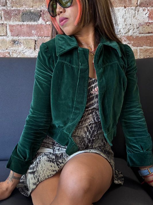 Veste velours vert femme – coupe courte – style créateur – XS/S
