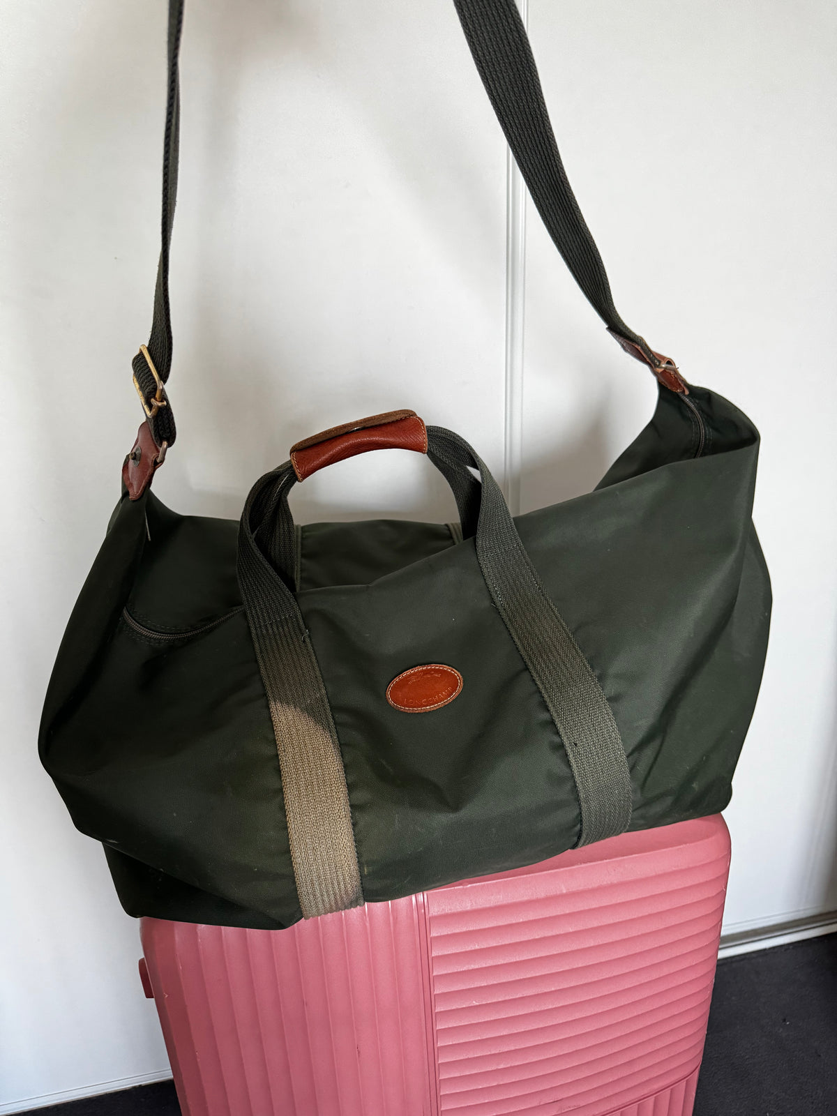 Sac de Voyage Longchamp Vintage Kaki – Grand Format 48h Cuir & Toile (Authentique Paris)
