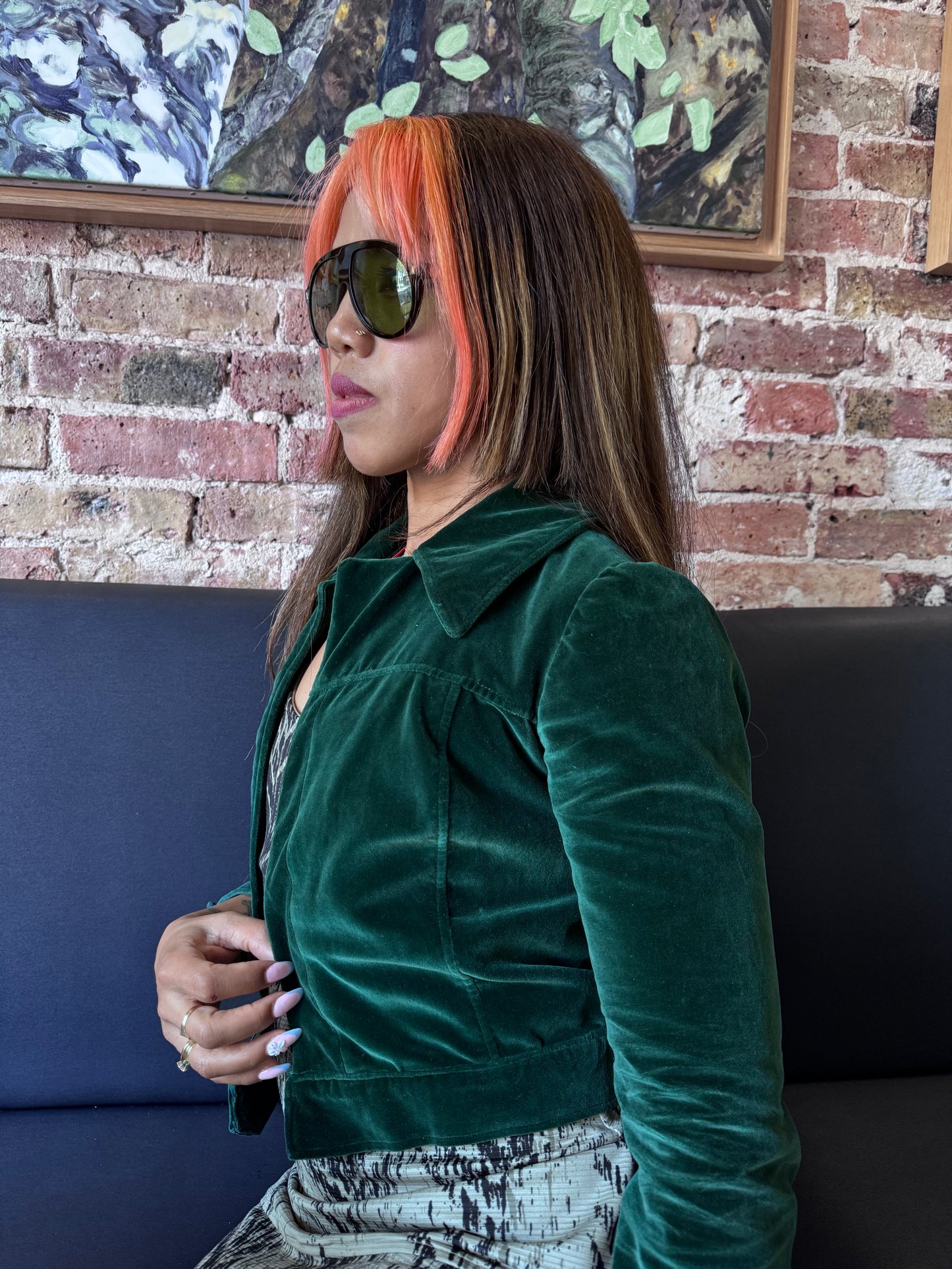 Veste velours vert femme – coupe courte – style créateur – XS/S