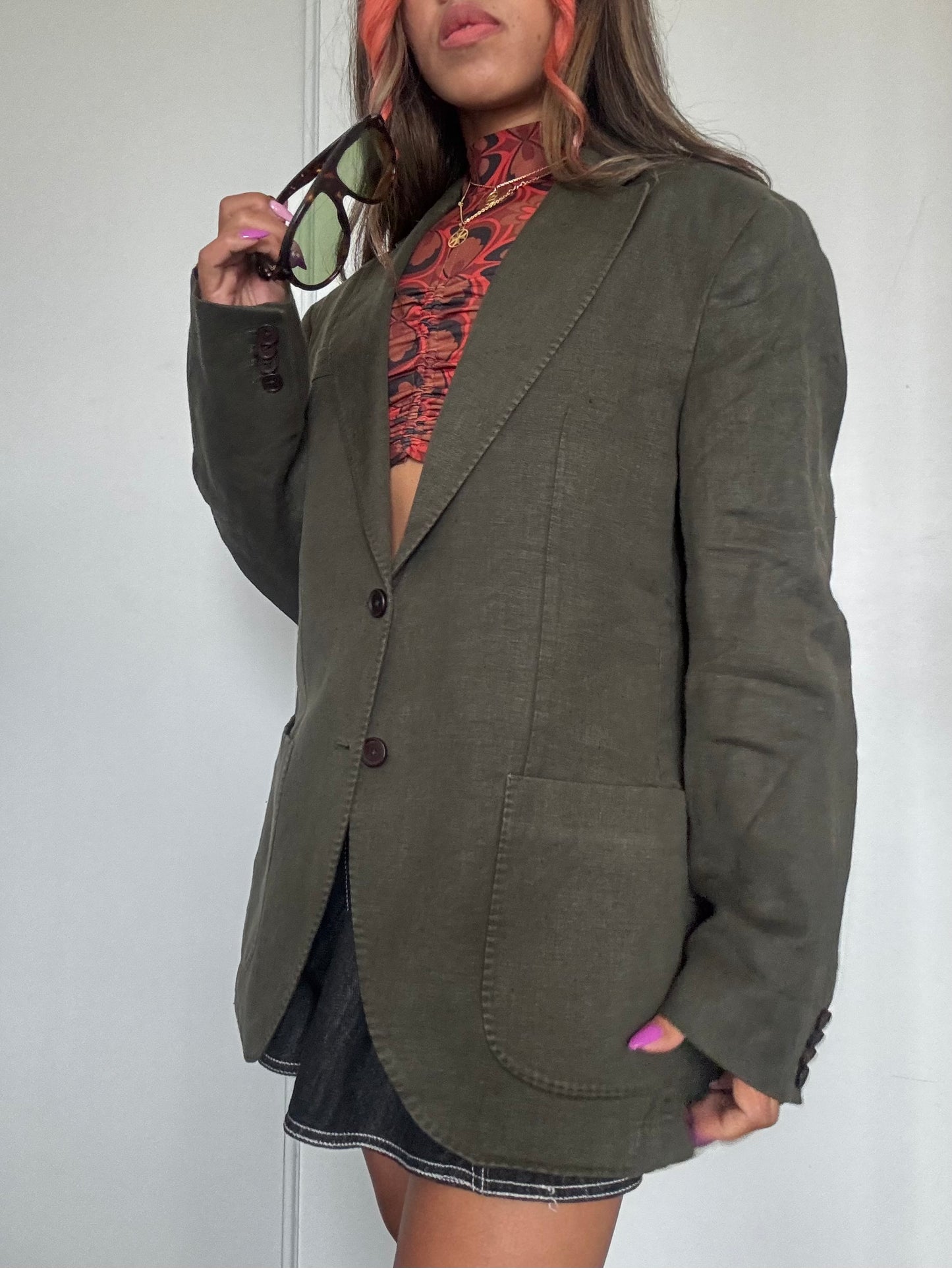 Blazer Massimo Dutti 100% Lin Vert Olive – Taille 50 – Made in Portugal – Coupe Oversize Chic