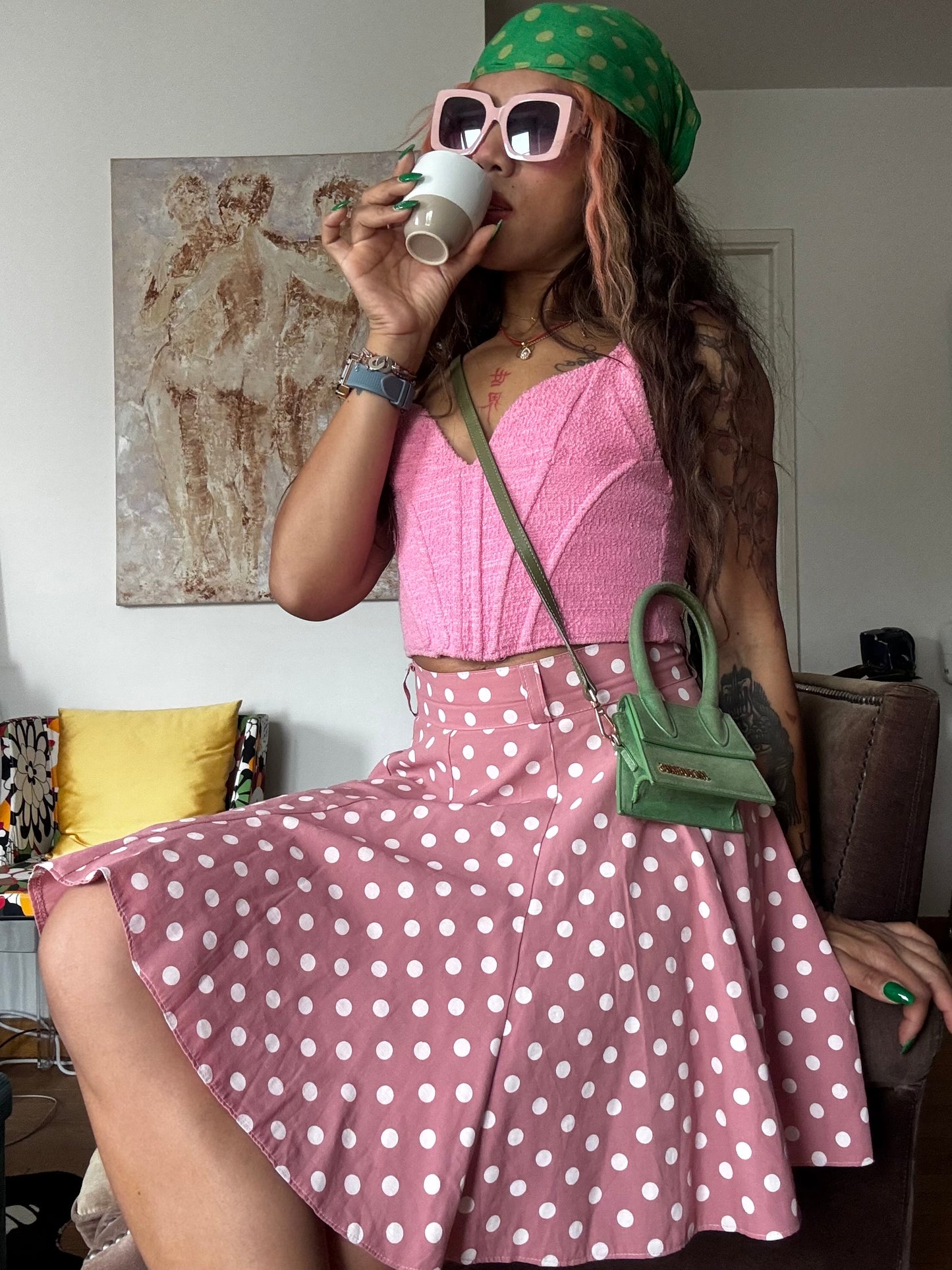 Jupe Vintage Rose à Pois – Coupe Évasée – Taille S