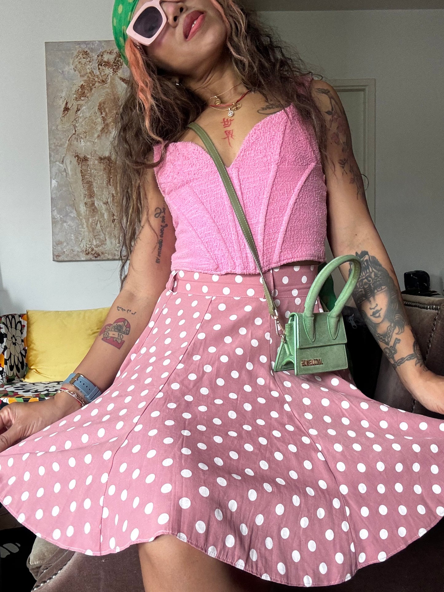 Jupe Vintage Rose à Pois – Coupe Évasée – Taille S