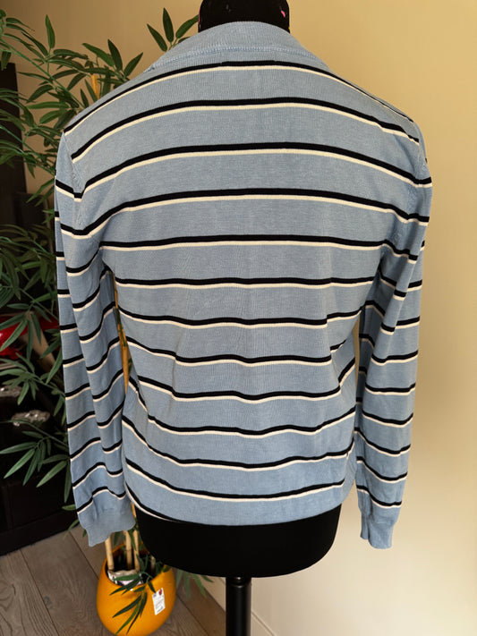 Pull Léger Col Montant Sandro Paris Vintage – Mailles Fines à Rayures Bleu Ciel, Noir & Crème