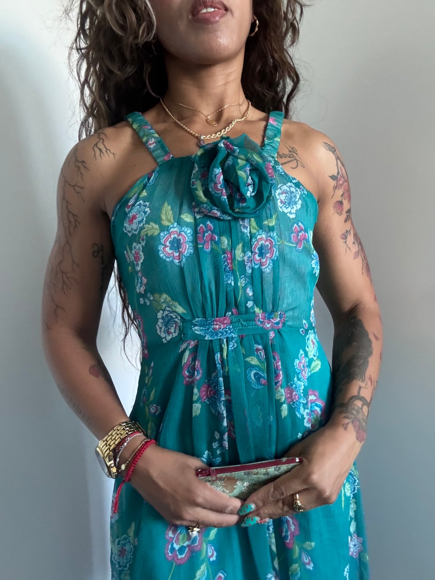 Robe fleurie turquoise – Dos noué – Taille 1 – Le Group Woman