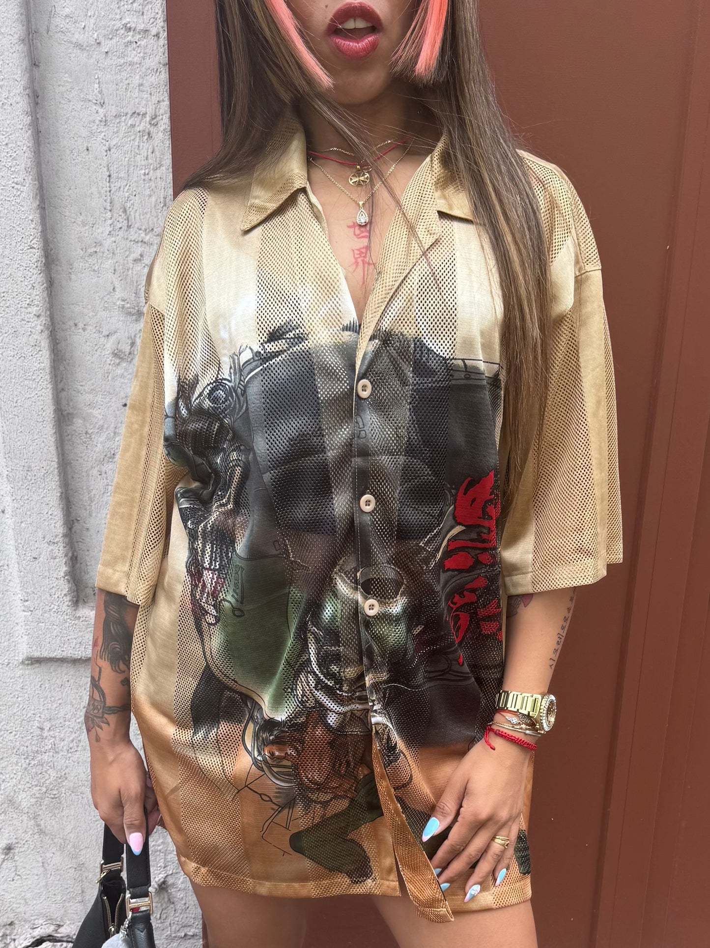 T-shirt oversize vintage hip-hop XL beige imprimé graphique streetwear femme homme