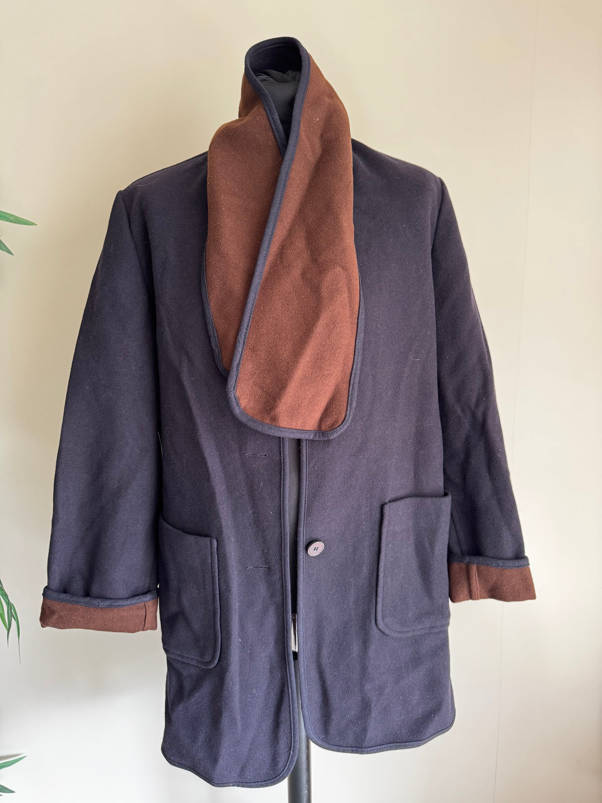 Manteau d'Archive Italien 100% Laine Vierge Noir/Gris & Écharpe Étole Amovible Chocolat