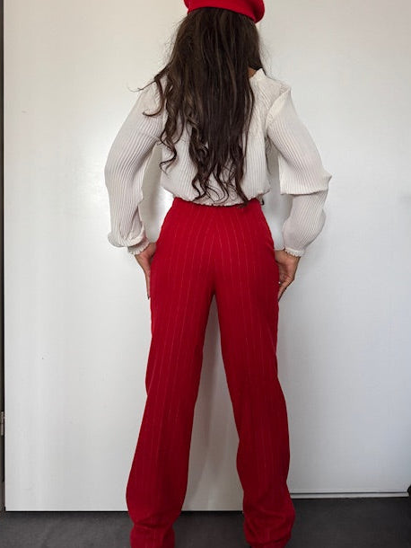Pantalon Vintage rouge rayé el laine- Arvel, Made in France (Taille 40)