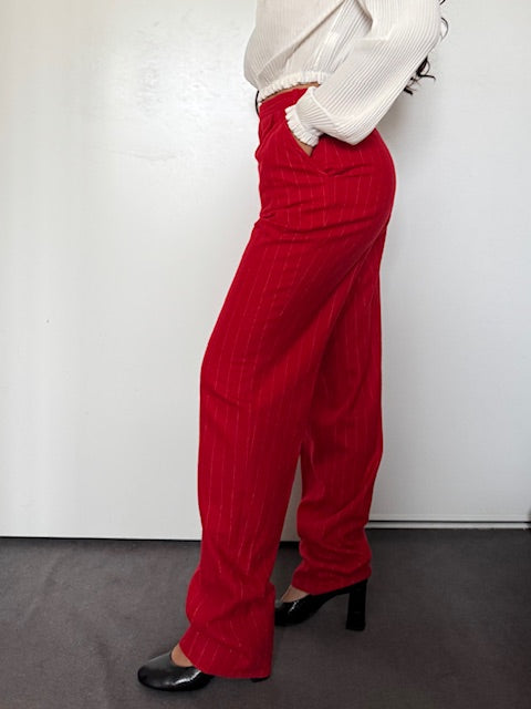 Pantalon Vintage rouge rayé el laine- Arvel, Made in France (Taille 40)