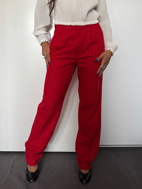 Pantalon Vintage rouge rayé el laine- Arvel, Made in France (Taille 40)