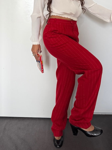 Pantalon Vintage rouge rayé el laine- Arvel, Made in France (Taille 40)